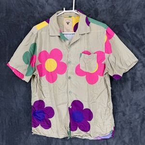 OAS Mens The Cuba Shirt Large Tan Floral Print Short Sleeve Button Up Viscose